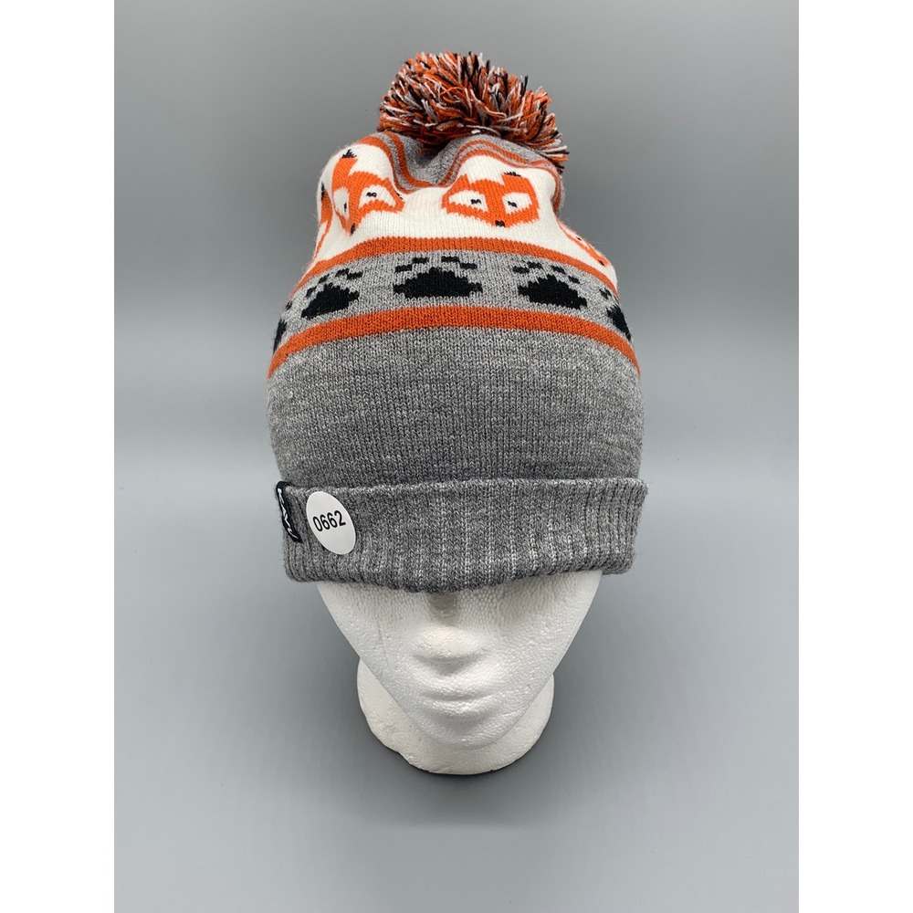 KAVU Herschel Pom Beanie Gray Orange Fox Print Knit Hat 1113-1579 NWT